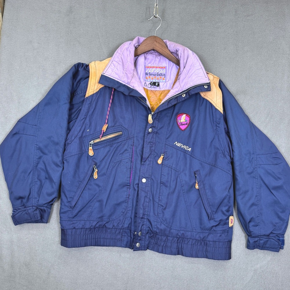 Vintage Nevica Chinook Ski Jacket Men 42 Blue Leather Yoke Hooded 80s Parka